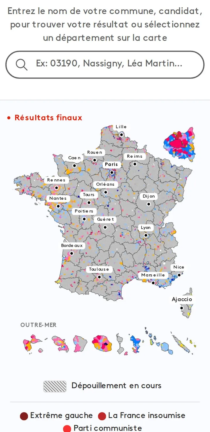 Aperçu : Résultats en temps réel, commune par commune